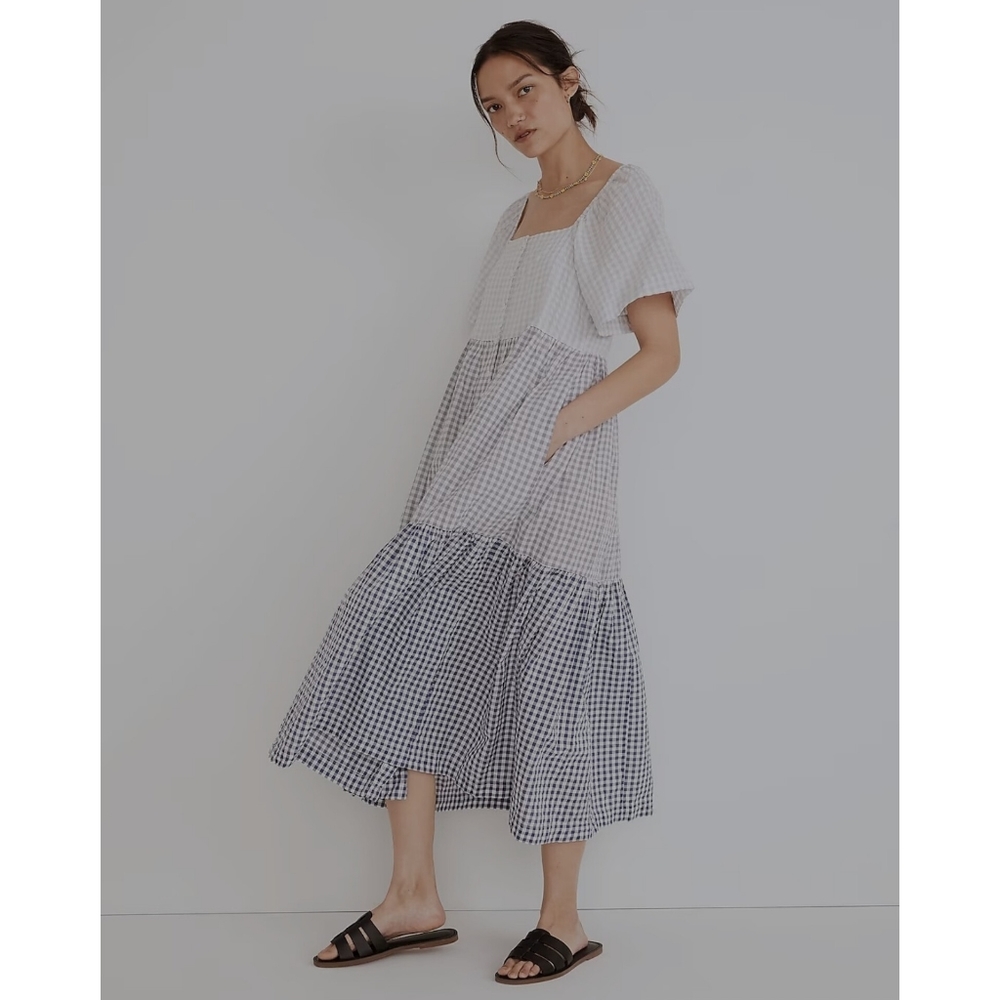 Madewell patchwork  gingham button front teired midi dress